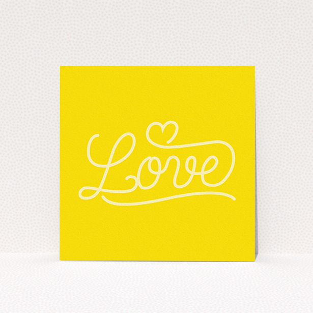 A wedding save the date card template titled "Sunshine Yellow Typography". It is a square (148mm x 148mm) card in a square orientation. "Sunshine Yellow Typography" is available as a flat card, with tones of yellow and white.