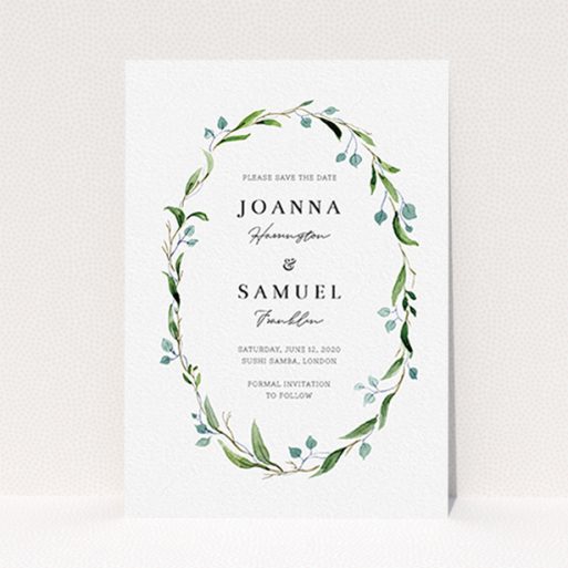 Wedding Save The Date Card Design - "Thin Watercolour Wreath" A wedding save the date card design titled "Thin Watercolour Wreath". It is an A6 card in a portrait orientation. "Thin Watercolour Wreath" is available as a flat card, with tones of blue and green.