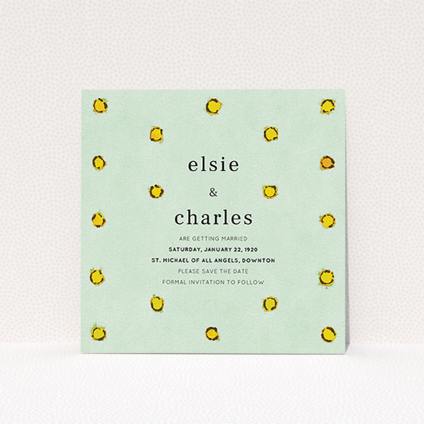 A wedding save the date card design titled "Turquoise polkadots". It is a square (148mm x 148mm) card in a square orientation. "Turquoise polkadots" is available as a flat card, with tones of green and yellow.