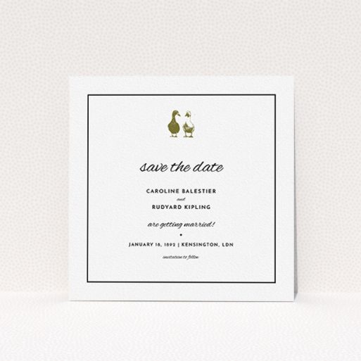 Wedding Save The Date Card - Two Little Ducks (Black) A wedding save the date card called "Two little ducks". It is a square (148mm x 148mm) card in a square orientation. "Two little ducks" is available as a flat card, with tones of white and Dark gold.