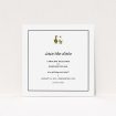 A wedding save the date card called "Two little ducks". It is a square (148mm x 148mm) card in a square orientation. "Two little ducks" is available as a flat card, with tones of white and Dark gold.