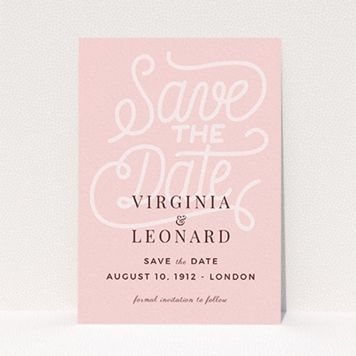 Wedding Save The Date Card Design - "Typography Backing" A wedding save the date card design titled "Typography Backing". It is an A6 card in a portrait orientation. "Typography Backing" is available as a flat card, with mainly pink colouring.