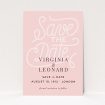 A wedding save the date card design titled "Typography Backing". It is an A6 card in a portrait orientation. "Typography Backing" is available as a flat card, with mainly pink colouring.