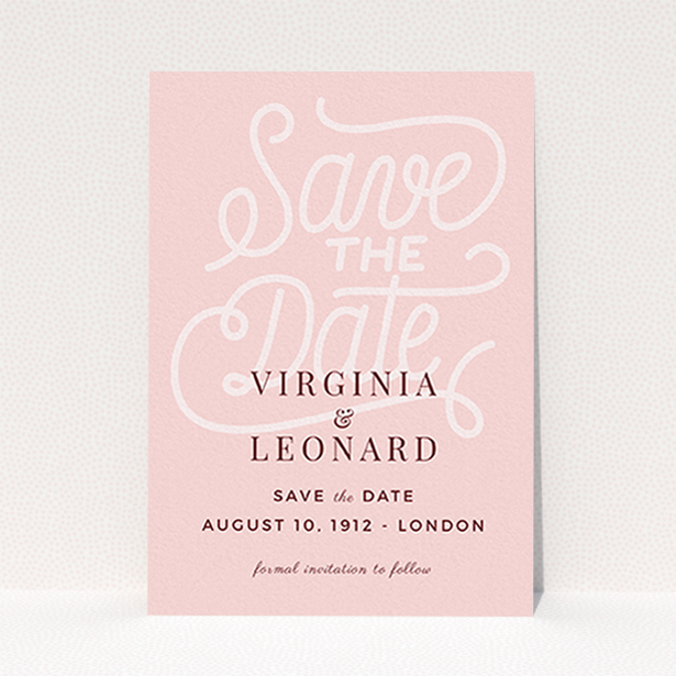 A wedding save the date card design titled "Typography Backing". It is an A6 card in a portrait orientation. "Typography Backing" is available as a flat card, with mainly pink colouring.
