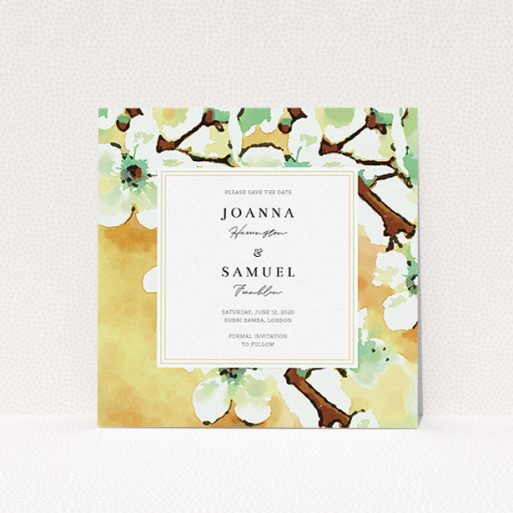Wedding Save The Date Card Design - "Vintage Blossom" A wedding save the date card design called "Vintage Blossom". It is a square (148mm x 148mm) card in a square orientation. "Vintage Blossom" is available as a flat card, with tones of deep orange, mint green and white.