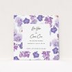 A wedding save the date card design named "Violet Explosion". It is a square (148mm x 148mm) card in a square orientation. "Violet Explosion" is available as a flat card, with mainly purple/dark pink colouring.