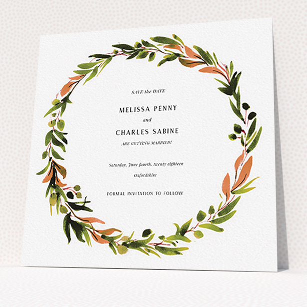A wedding save the date card called "Watercolour Olive Wreath". It is a square (148mm x 148mm) card in a square orientation. "Watercolour Olive Wreath" is available as a flat card, with tones of green, dark green and terracotta.