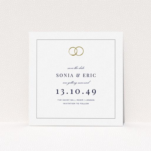 Wedding Save The Date Card - Wedding Bands (Grey) A wedding save the date card design titled "Wedding bands". It is a square (148mm x 148mm) card in a square orientation. "Wedding bands" is available as a flat card, with tones of white and gold.