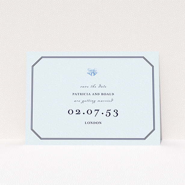 A wedding save the date card template titled "Wedding bells". It is an A6 card in a landscape orientation. "Wedding bells" is available as a flat card, with mainly blue colouring.