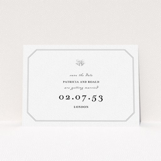 Wedding Save The Date Card - Wedding Bells (Grey) A wedding save the date card named "Wedding bells". It is an A6 card in a landscape orientation. "Wedding bells" is available as a flat card, with tones of grey and white.
