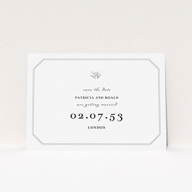 A wedding save the date card named "Wedding bells". It is an A6 card in a landscape orientation. "Wedding bells" is available as a flat card, with tones of grey and white.