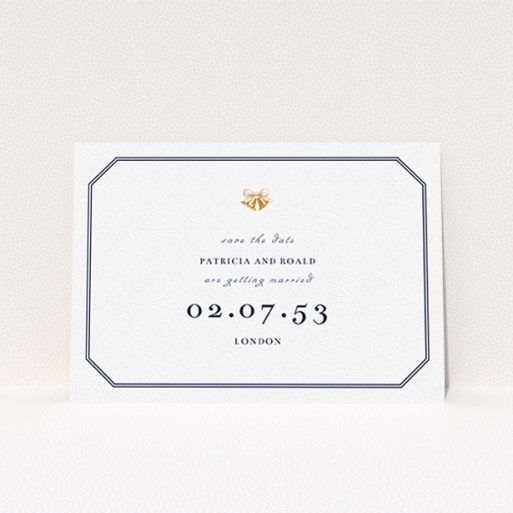 Wedding Save The Date Card - Wedding Bells (Navy Blue) A wedding save the date card called "Wedding bells". It is an A6 card in a landscape orientation. "Wedding bells" is available as a flat card, with tones of navy blue and white.