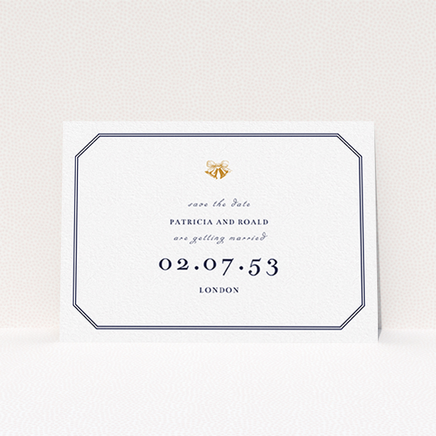 A wedding save the date card called "Wedding bells". It is an A6 card in a landscape orientation. "Wedding bells" is available as a flat card, with tones of navy blue and white.
