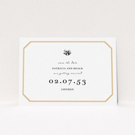 Wedding Save The Date Card - Wedding Bells (Orange) A wedding save the date card called "Wedding bells". It is an A6 card in a landscape orientation. "Wedding bells" is available as a flat card, with tones of orange and white.