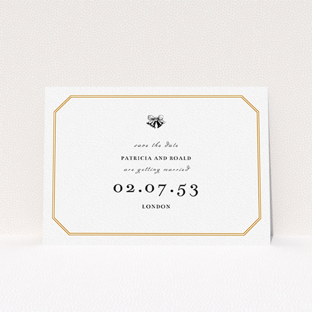 A wedding save the date card called "Wedding bells". It is an A6 card in a landscape orientation. "Wedding bells" is available as a flat card, with tones of orange and white.