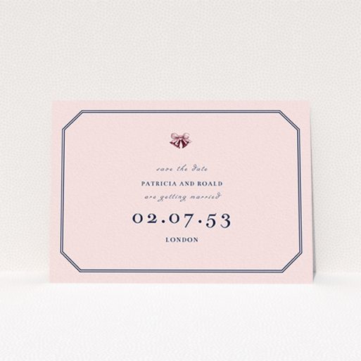 Wedding Save The Date Card - Wedding Bells (Pink) A wedding save the date card called "Wedding bells". It is an A6 card in a landscape orientation. "Wedding bells" is available as a flat card, with mainly pink colouring.