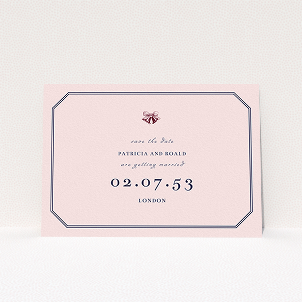 A wedding save the date card called "Wedding bells". It is an A6 card in a landscape orientation. "Wedding bells" is available as a flat card, with mainly pink colouring.