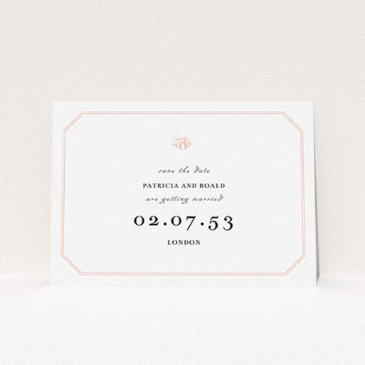 Wedding Save The Date Card - Wedding Bells (Pink And White) A wedding save the date card design named "Wedding bells". It is an A6 card in a landscape orientation. "Wedding bells" is available as a flat card, with tones of pink and white.