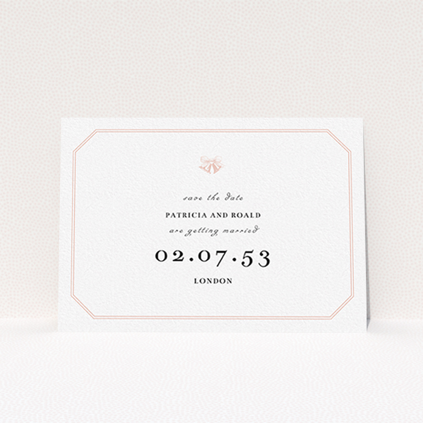 A wedding save the date card design named "Wedding bells". It is an A6 card in a landscape orientation. "Wedding bells" is available as a flat card, with tones of pink and white.