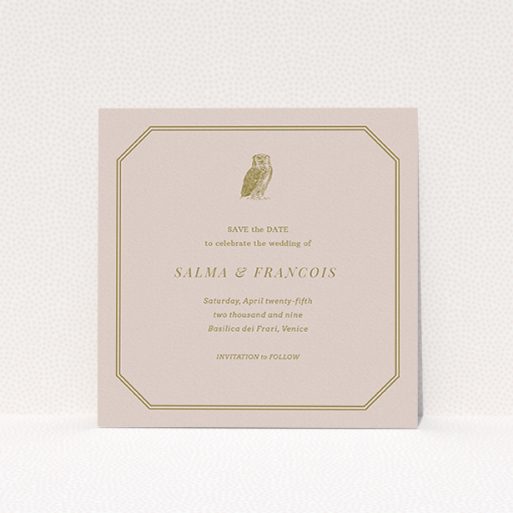 Wedding Save The Date Card Design - "Wise old owl" A wedding save the date card template titled "Wise old owl". It is a square (148mm x 148mm) card in a square orientation. "Wise old owl" is available as a flat card, with mainly dark cream colouring.