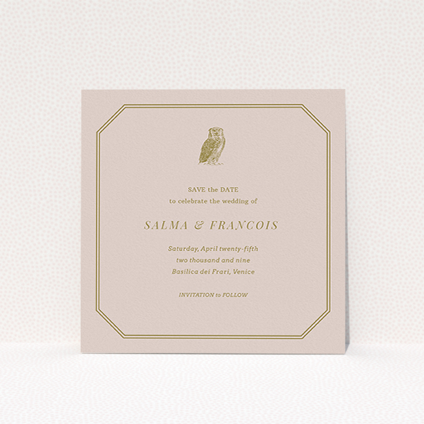 A wedding save the date card template titled "Wise old owl". It is a square (148mm x 148mm) card in a square orientation. "Wise old owl" is available as a flat card, with mainly dark cream colouring.