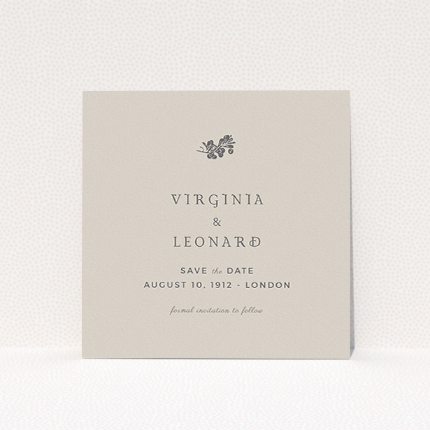 A wedding save the date card called "Woodland dusk". It is a square (148mm x 148mm) card in a square orientation. "Woodland dusk" is available as a flat card, with mainly dark cream colouring.