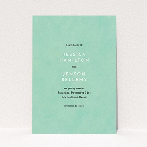 Wedding Save The Date Card Design - "Worn Green" A wedding save the date card design titled "Worn Green". It is an A6 card in a portrait orientation. "Worn Green" is available as a flat card, with tones of green and white.