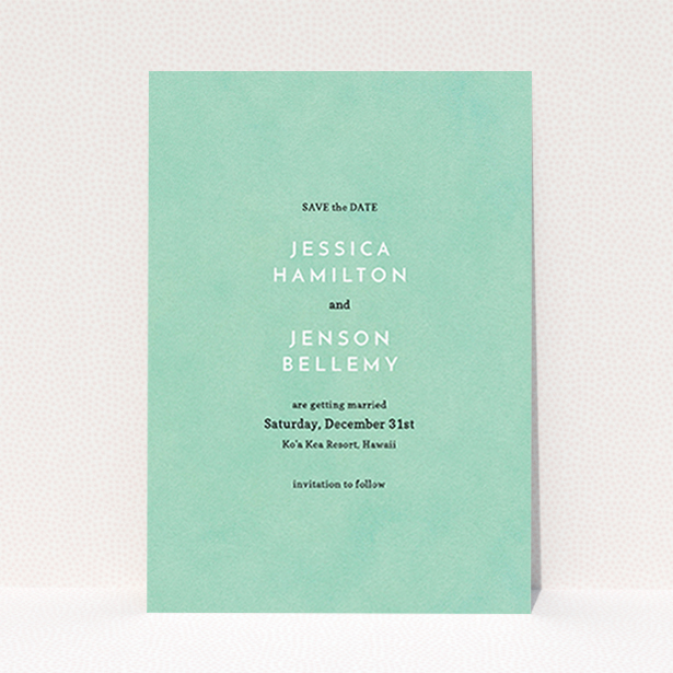 A wedding save the date card design titled "Worn Green". It is an A6 card in a portrait orientation. "Worn Green" is available as a flat card, with tones of green and white.