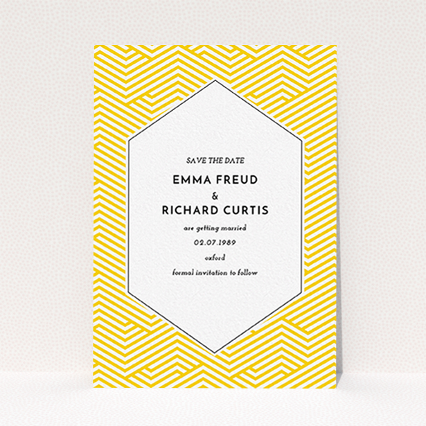A wedding save the date card template titled "Yellow lines". It is an A6 card in a portrait orientation. "Yellow lines" is available as a flat card, with tones of yellow and white.