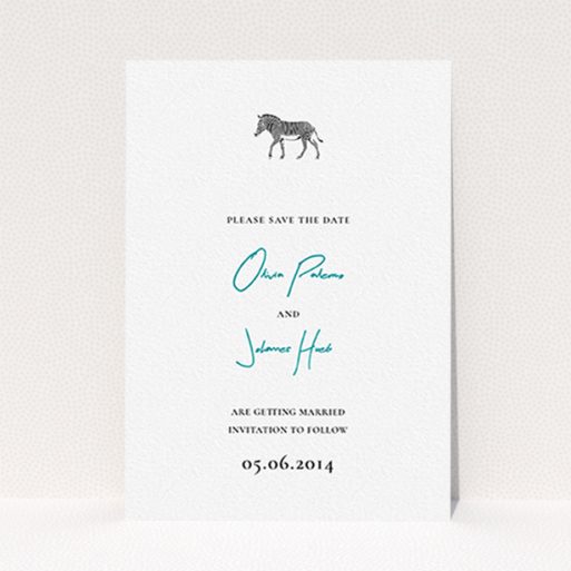Wedding Save The Date Card Design - "Zebra crossing" A wedding save the date card template titled "Zebra crossing". It is an A6 card in a portrait orientation. "Zebra crossing" is available as a flat card, with tones of white and blue.