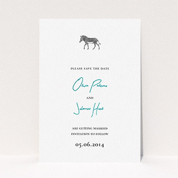 A wedding save the date card template titled "Zebra crossing". It is an A6 card in a portrait orientation. "Zebra crossing" is available as a flat card, with tones of white and blue.