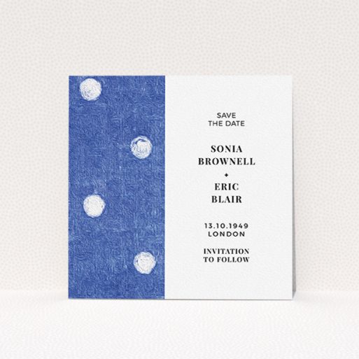 Wedding Save The Date Design - "Cloth polkadots" A wedding save the date design named "Cloth polkadots". It is a square (148mm x 148mm) save the date in a square orientation. "Cloth polkadots" is available as a flat save the date, with tones of blue and white.