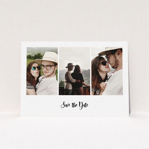 Wedding Save The Date Design - "Colour Photo on White" A wedding save the date design named "Colour Photo on White". It is an A5 save the date in a landscape orientation. It is a photographic wedding save the date with room for 3 photos. "Colour Photo on White" is available as a flat save the date, with mainly white colouring.