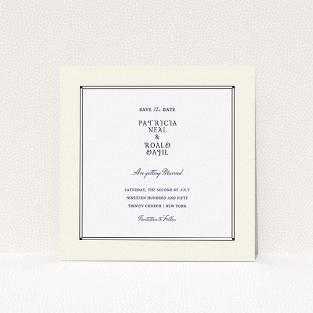 A wedding save the date design named "Deco Cream". It is a square (148mm x 148mm) save the date in a square orientation. "Deco Cream" is available as a flat save the date, with mainly cream colouring.
