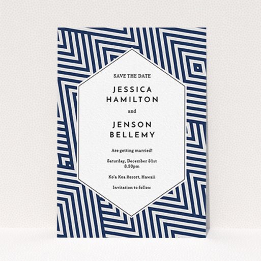 Wedding Save The Date Design - "Diamond scratch" A wedding save the date design named "Diamond scratch". It is an A6 save the date in a portrait orientation. "Diamond scratch" is available as a flat save the date, with mainly blue colouring.