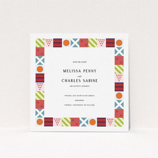 Wedding Save The Date Design - "Epsom" A wedding save the date named "Epsom". It is a square (148mm x 148mm) save the date in a square orientation. "Epsom" is available as a flat save the date, with mainly red colouring.