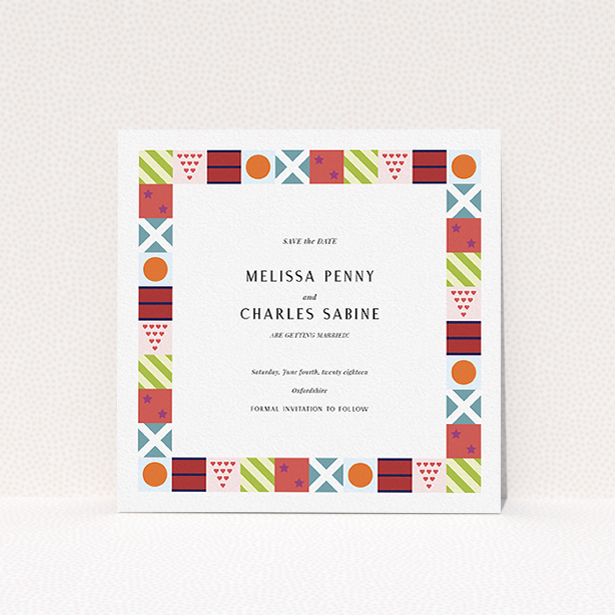 A wedding save the date named "Epsom". It is a square (148mm x 148mm) save the date in a square orientation. "Epsom" is available as a flat save the date, with mainly red colouring.