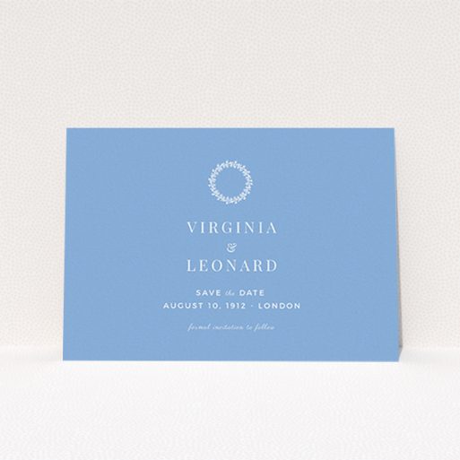 Wedding Save The Date Design - "Flower spiral" A wedding save the date design called "Flower spiral". It is an A6 save the date in a landscape orientation. "Flower spiral" is available as a flat save the date, with tones of blue and white.