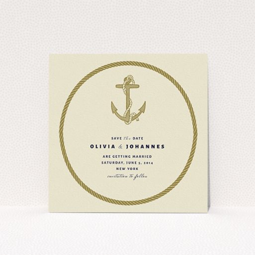 Wedding Save The Date Card - Full Knot (Cream) A wedding save the date template titled "Full knot". It is a square (148mm x 148mm) save the date in a square orientation. "Full knot" is available as a flat save the date, with tones of cream and gold.