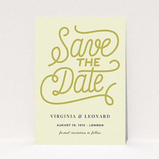 Wedding Save The Date Design - "Gold on Cream Typography" A wedding save the date named "Gold on Cream Typography". It is an A6 save the date in a portrait orientation. "Gold on Cream Typography" is available as a flat save the date, with tones of cream and gold.