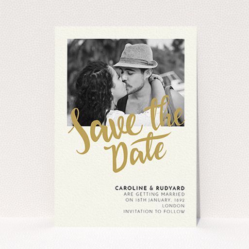 Wedding Save The Date Design - "Gold Typography Photo" A wedding save the date design called "Gold Typography Photo". It is an A6 save the date in a portrait orientation. It is a photographic wedding save the date with room for 1 photo. "Gold Typography Photo" is available as a flat save the date, with tones of cream and gold.