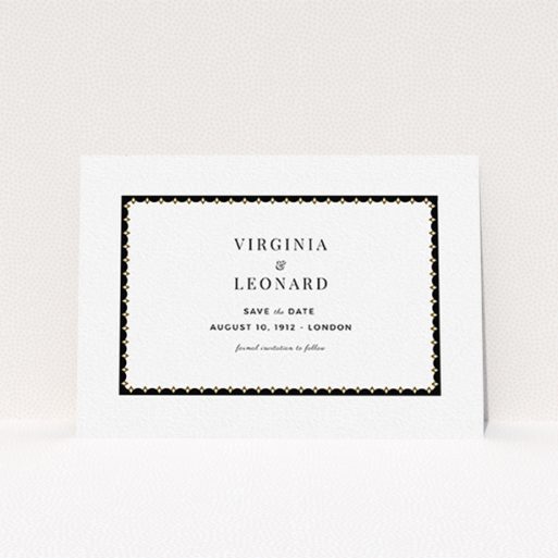 Wedding Save The Date Design - "Golden black stage" A wedding save the date design titled "Golden black stage". It is an A6 save the date in a landscape orientation. "Golden black stage" is available as a flat save the date, with tones of black and white.