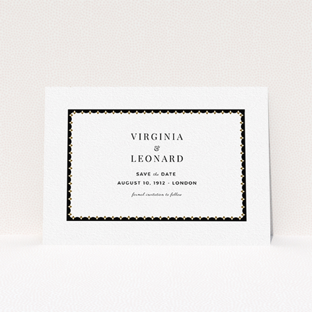 A wedding save the date design titled "Golden black stage". It is an A6 save the date in a landscape orientation. "Golden black stage" is available as a flat save the date, with tones of black and white.