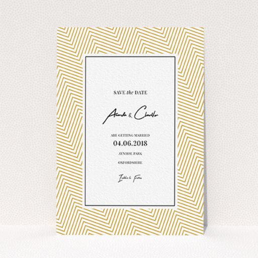 Wedding Save The Date Design - "Golden Lines" A wedding save the date named "Golden Lines". It is an A6 save the date in a portrait orientation. "Golden Lines" is available as a flat save the date, with tones of gold and white.