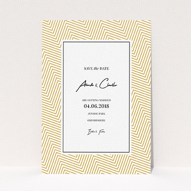 A wedding save the date named "Golden Lines". It is an A6 save the date in a portrait orientation. "Golden Lines" is available as a flat save the date, with tones of gold and white.