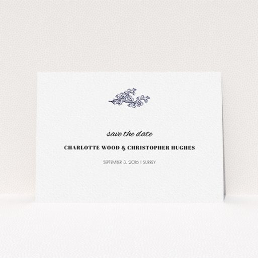 Wedding Save The Date Design - "Greek island" A wedding save the date design called "Greek island". It is an A6 save the date in a landscape orientation. "Greek island" is available as a flat save the date, with tones of white and blue.