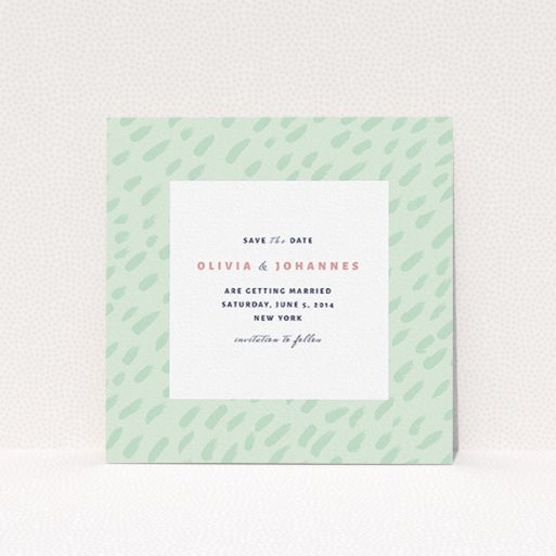 Wedding Save The Date Design - "Green Strokes" A wedding save the date called "Green Strokes". It is a square (148mm x 148mm) save the date in a square orientation. "Green Strokes" is available as a flat save the date, with tones of green and white.