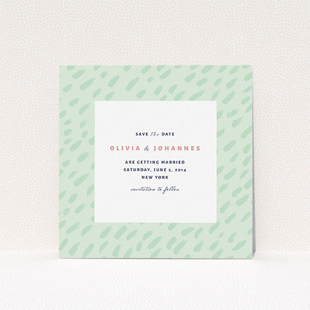 A wedding save the date called "Green Strokes". It is a square (148mm x 148mm) save the date in a square orientation. "Green Strokes" is available as a flat save the date, with tones of green and white.