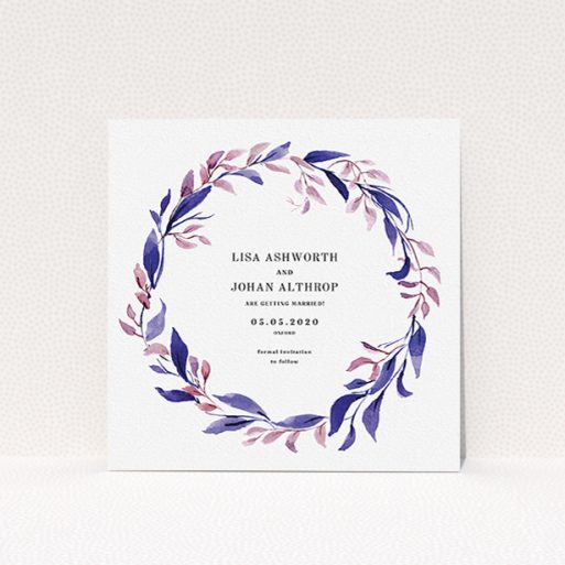 Wedding Save The Date Design - "Hues of Blue" A wedding save the date design called "Hues of Blue". It is a square (148mm x 148mm) save the date in a square orientation. "Hues of Blue" is available as a flat save the date, with mainly purple/dark pink colouring.