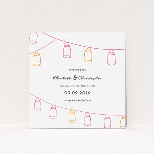 Wedding Save The Date Design - "In a jar" A wedding save the date template titled "In a jar". It is a square (148mm x 148mm) save the date in a square orientation. "In a jar" is available as a flat save the date, with tones of white, orange and pink.